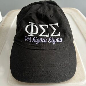 Phi Sigma Sigma black hat with white and purple letters